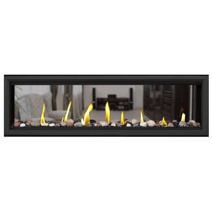 Napoleon Vector 62" See Thru Linear Direct Vent Gas Fireplace with Black Glass Beads and Mineral Rock Kit Face on White Background