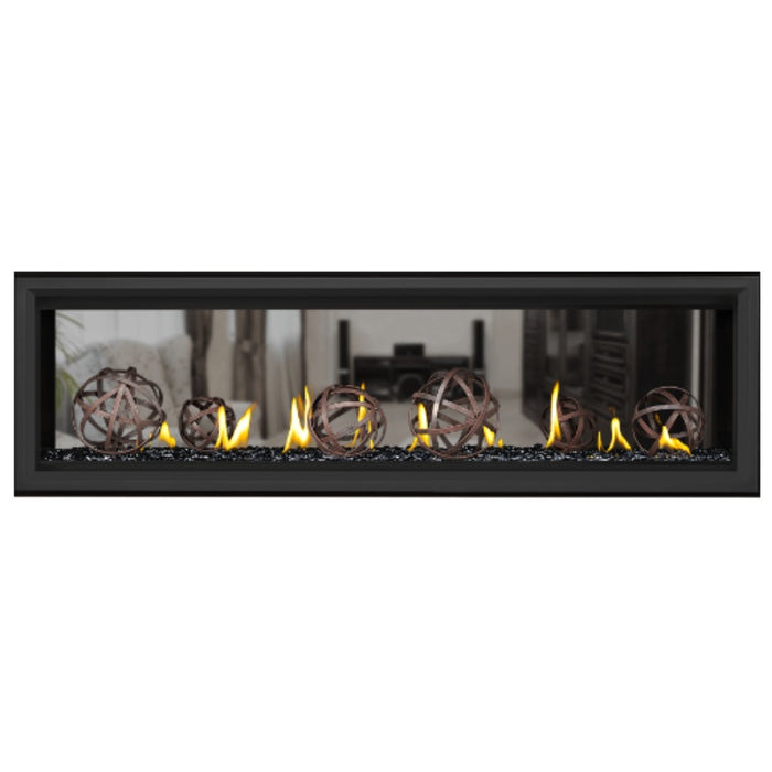 Napoleon Vector 62" See Thru Linear Direct Vent Gas Fireplace with Black Glass Beads and Wrought Iron Globe Kit Face on White Background