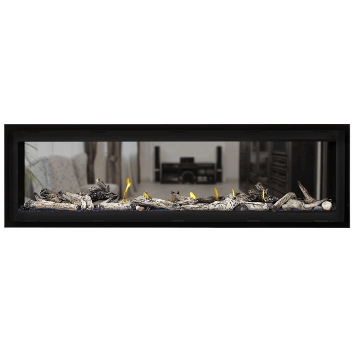 Napoleon Vector 62 See Thru Linear Direct Vent Gas Fireplace with Blue Crushed Glass Embers and Beach Fire Log Kit