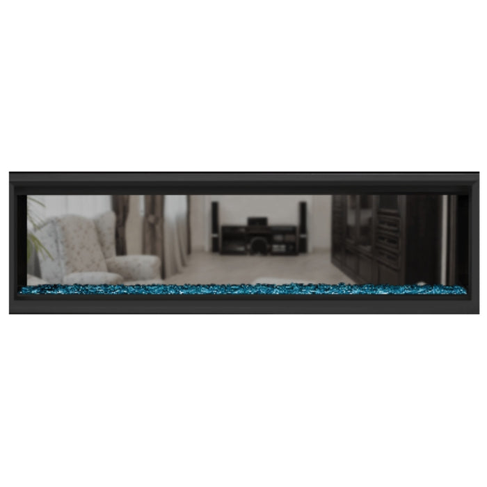 Napoleon Vector 62" See Thru Linear Direct Vent Gas Fireplace with Blue Glass Beads Face on White Background