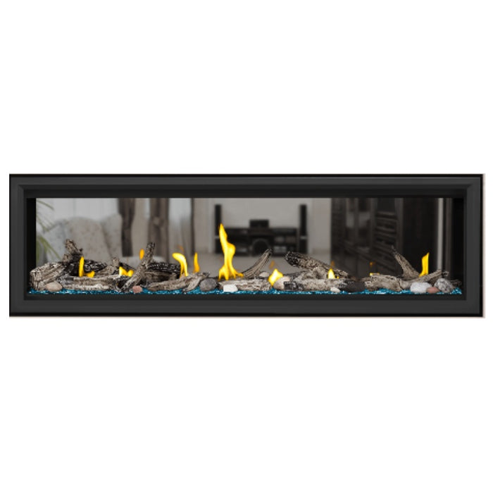 Napoleon Vector 62" See Thru Linear Direct Vent Gas Fireplace with Blue Glass Beads and Beach Fire Kit Face on White Background