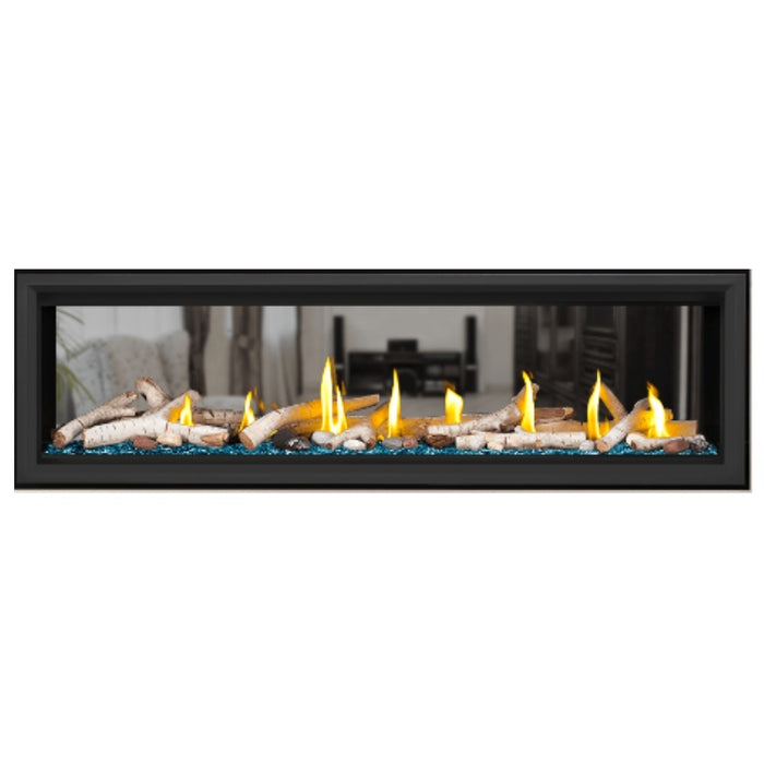 Napoleon Vector 62" See Thru Linear Direct Vent Gas Fireplace with Blue Glass Beads and Birch Log Kit Face on White Background