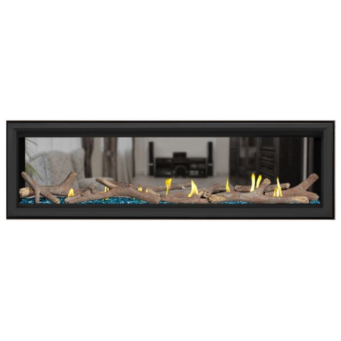 Napoleon Vector 62" See Thru Linear Direct Vent Gas Fireplace with Blue Glass Beads and Contemporary Log Kit Face on White Background