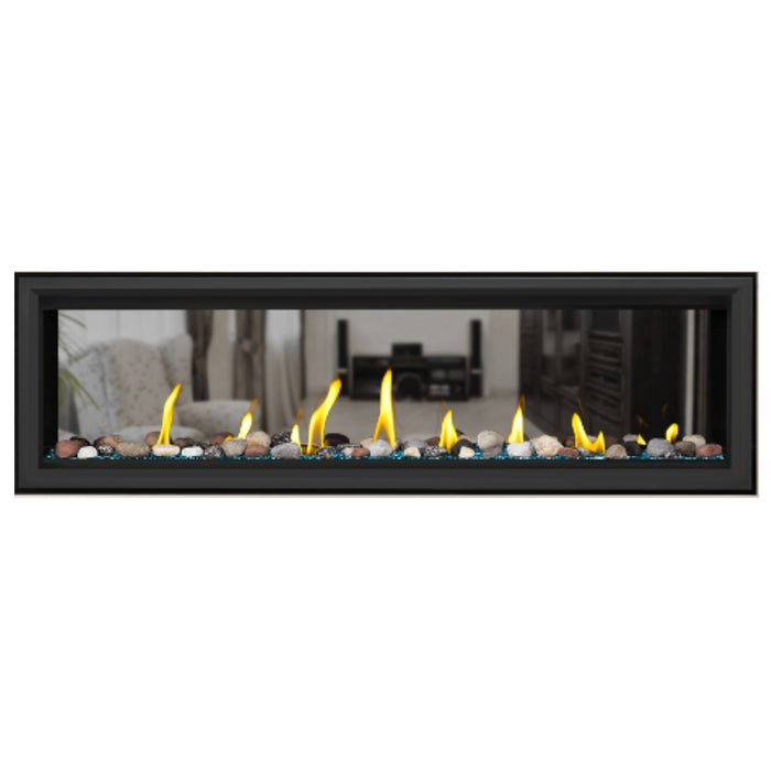 Napoleon Vector 62" See Thru Linear Direct Vent Gas Fireplace with Blue Glass Beads and Mineral Rock Kit Face on White Background