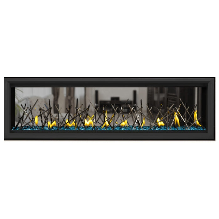 Napoleon Vector 62" See Thru Linear Direct Vent Gas Fireplace with Blue Glass Beads and Nickel Stix Kit Face on White Background