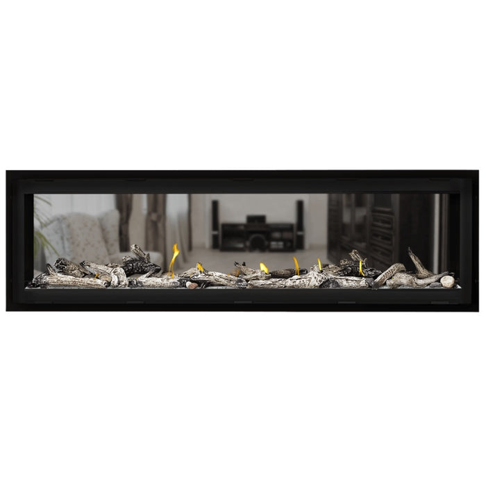 Napoleon Vector 62 See Thru Linear Direct Vent Gas Fireplace with Clear Crushed Glass Embers and Beach Fire Log Kit