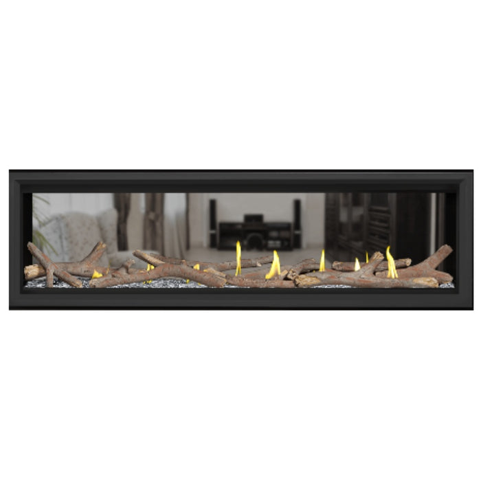 Napoleon Vector 62" See Thru Linear Direct Vent Gas Fireplace with Clear Glass Beads and Contemporary Log Kit Face on White Background