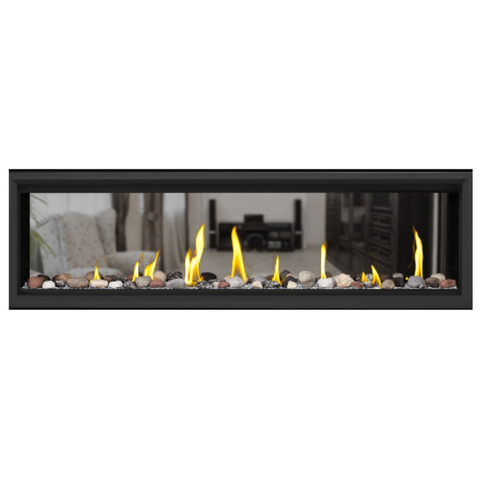  Napoleon Vector 62" See Thru Linear Direct Vent Gas Fireplace with Clear Glass Beads and Mineral Rock Kit Face on White Background