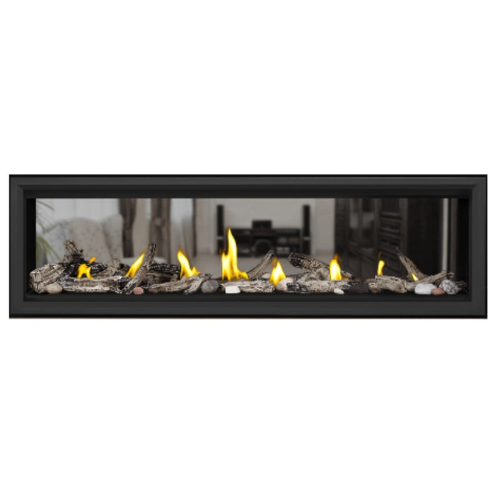 Napoleon Vector 62" See Thru Linear Direct Vent Gas Fireplace with Shore Fire and Beach Fire Kit Face on White Background