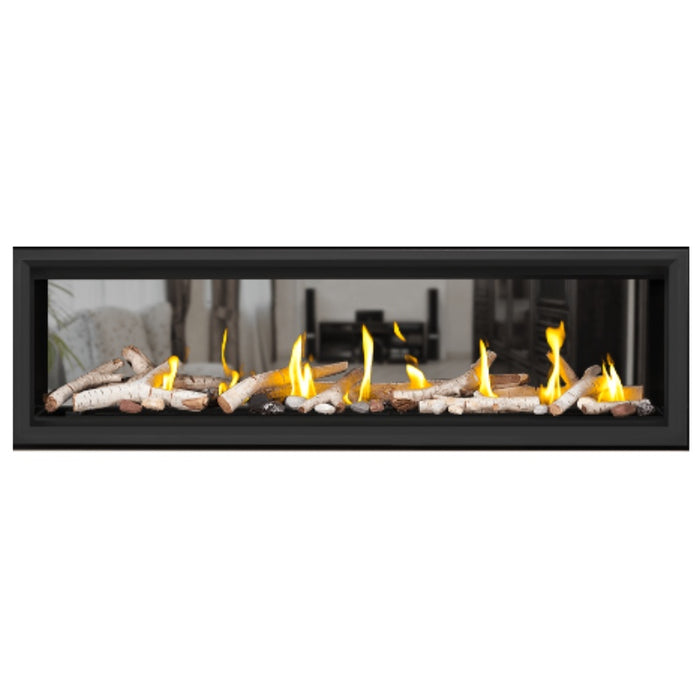 Napoleon Vector 62" See Thru Linear Direct Vent Gas Fireplace with Shore Fire and Birch Log Kit Face on White Background