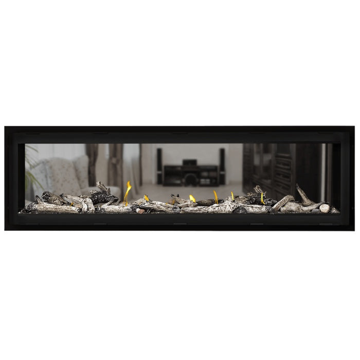 Napoleon Vector 62 See Thru Linear Direct Vent Gas Fireplace with Topaz Crushed Glass Embers and Beach Fire Log Kit