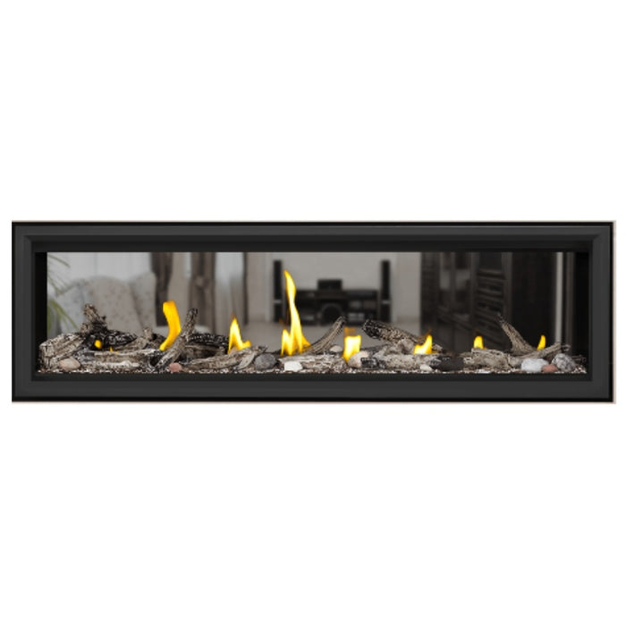 Napoleon Vector 62" See Thru Linear Direct Vent Gas Fireplace with Topaz Glass Beads and Beach Fire Kit Face on White Background