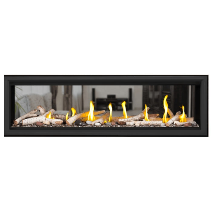 Napoleon Vector 62" See Thru Linear Direct Vent Gas Fireplace with Topaz Glass Beads and Birch Log Kit Face on White Background