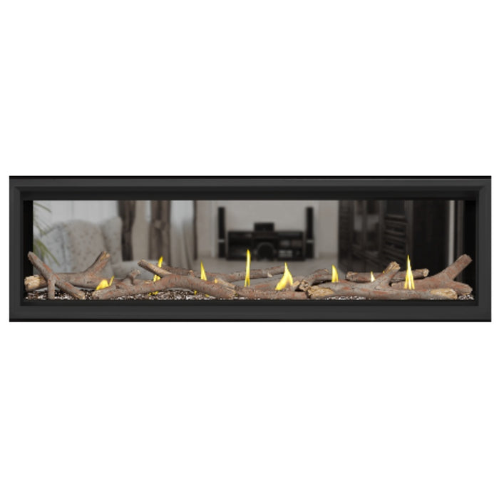 Napoleon Vector 62" See Thru Linear Direct Vent Gas Fireplace with Topaz Glass Beads and Contemporary Log Kit Face on White Background