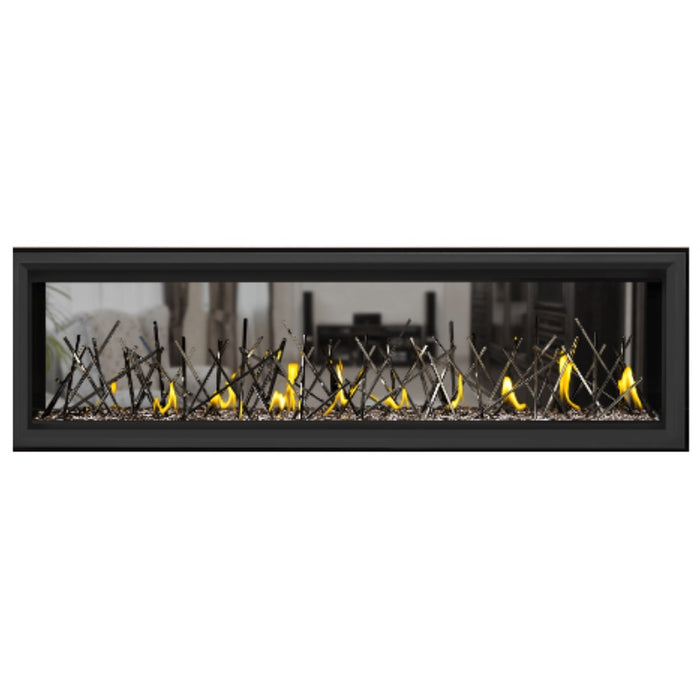 Napoleon Vector 62" See Thru Linear Direct Vent Gas Fireplace with Topaz Glass Beads and Nickel Stix Kit Face on White Background