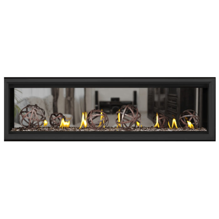 Napoleon Vector 62" See Thru Linear Direct Vent Gas Fireplace with Topaz Glass Beads and Wrought Iron Globe Kit Face on White Background