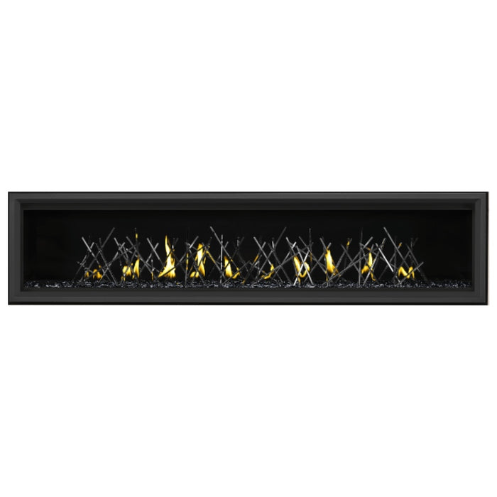 Napoleon Vector 74" Linear Direct Vent Gas Fireplace with Black Glass Beads and Nickel Stix Kit Face on White Background