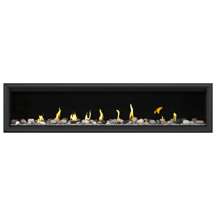 Napoleon Vector 74" Linear Direct Vent Gas Fireplace with Clear Glass Beads and Mineral Rock Kit Face on White Background