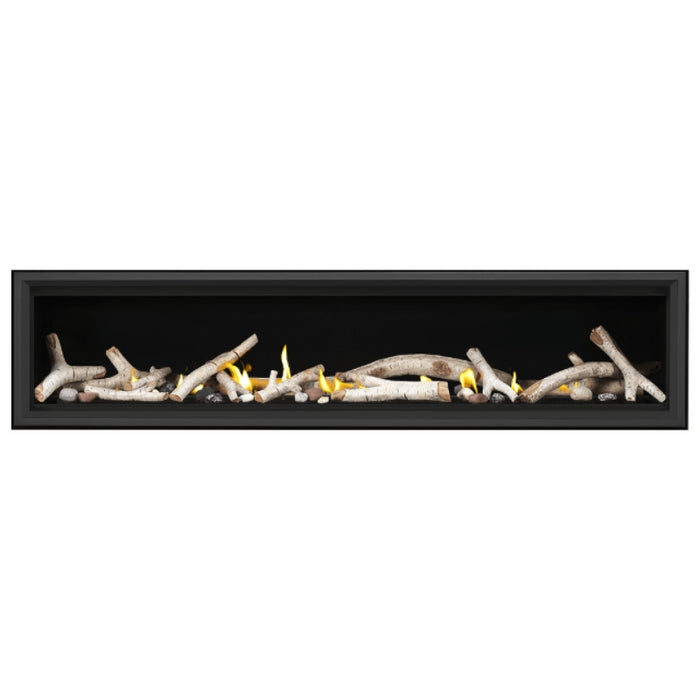 Napoleon Vector 74" Linear Direct Vent Gas Fireplace with Shore Fire and Birch Log Kit Face on White Background