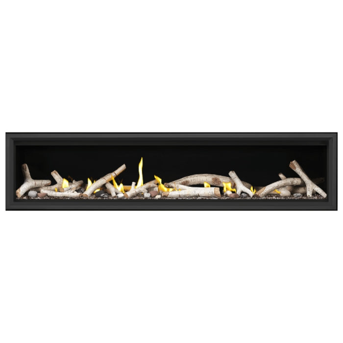 Napoleon Vector 74" Linear Direct Vent Gas Fireplace with Topaz Glass Beads and Birch Log Kit Face on White Background