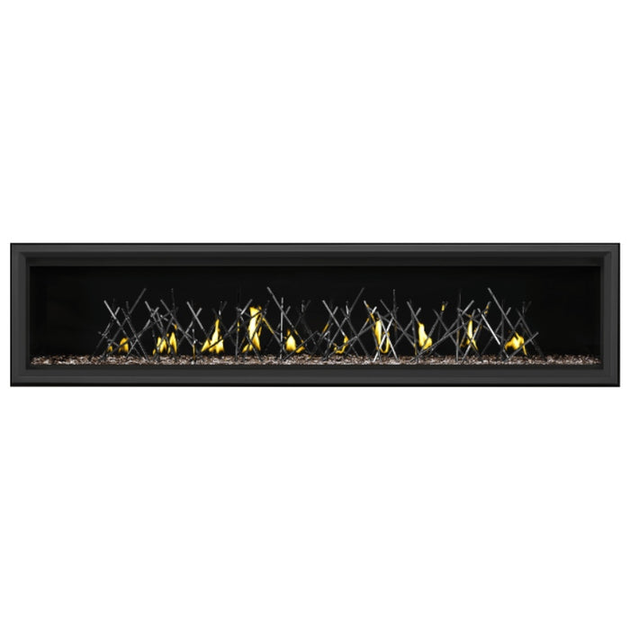 Napoleon Vector 74" Linear Direct Vent Gas Fireplace with Topaz Glass Beads and Nickel Stix Kit Face on White Background