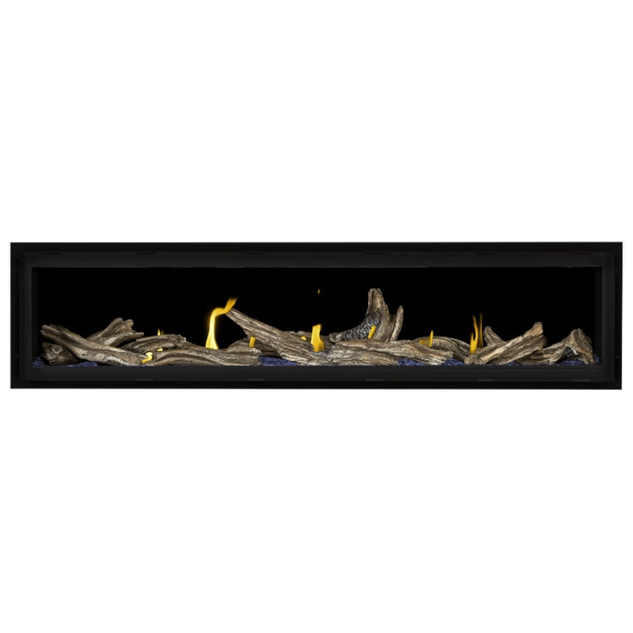Napoleon Vector 74 Linear Gas Fireplace with Blue Crushed Glass Embers and High Definition Driftwood Logs