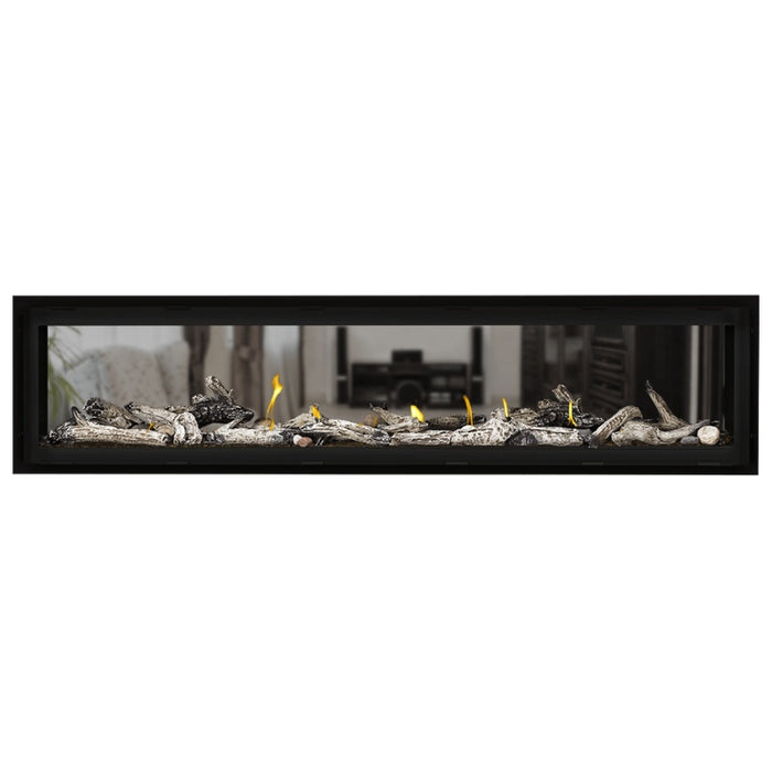 Napoleon Vector 74 See Thru Linear Direct Vent Gas Fireplace with Amber Crushed Glass Embers and Beach Fire Log Kit