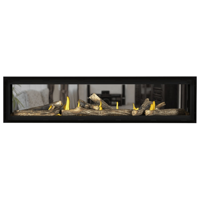Napoleon Vector 74 See Thru Linear Direct Vent Gas Fireplace with Amber Crushed Glass Embers and High Definition Oak Logs