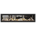 Napoleon Vector 74" See Thru Linear Direct Vent Gas Fireplace with Amber Glass Beads and Birch Log Kit Face on White Background