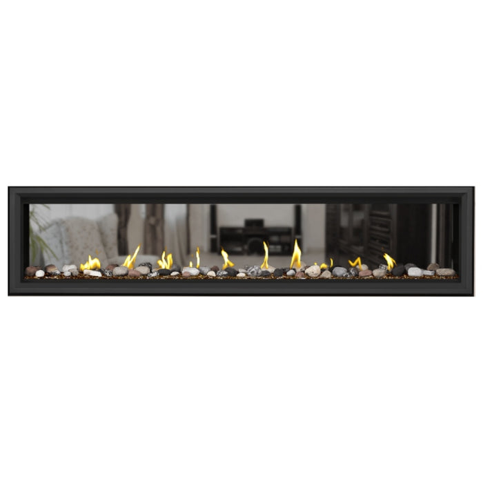 Napoleon Vector 74" See Thru Linear Direct Vent Gas Fireplace with Amber Glass Beads and Mineral Rock Kit Face on White Background