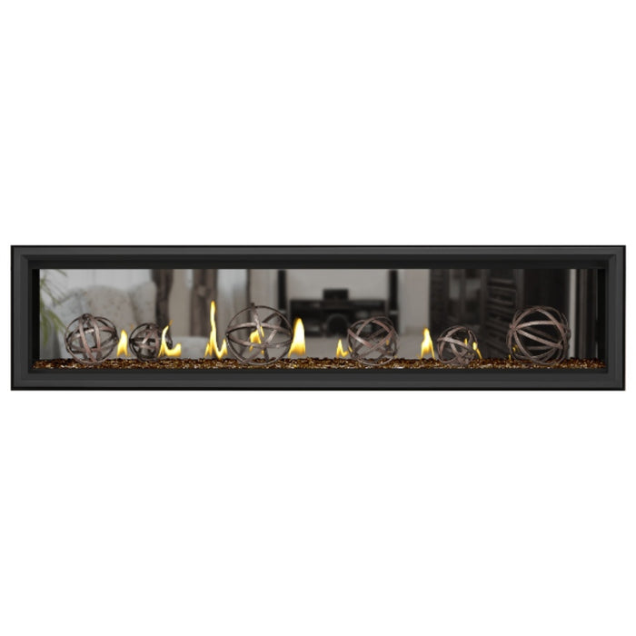 Napoleon Vector 74" See Thru Linear Direct Vent Gas Fireplace with Amber Glass Beads and Wrought Iron Globe Kit Face on White Background