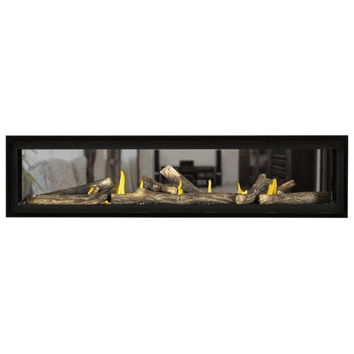 Napoleon Vector 74 See Thru Linear Direct Vent Gas Fireplace with Black Crushed Glass Embers and High Definition Oak Logs