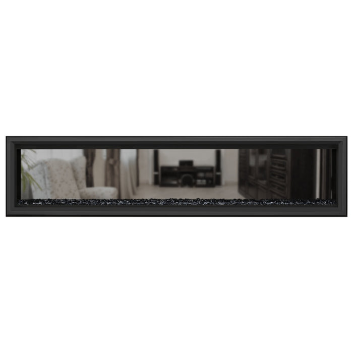 Napoleon Vector 74" See Thru Linear Direct Vent Gas Fireplace with Black Glass Beads Face on White Background