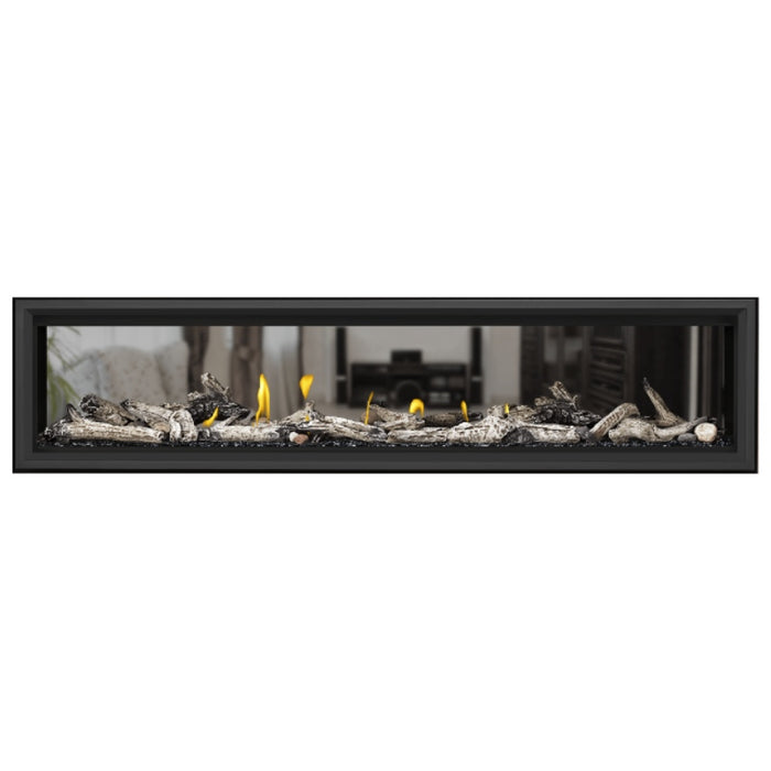 Napoleon Vector 74" See Thru Linear Direct Vent Gas Fireplace with Black Glass Beads and Beach Fire Kit Face on White Background