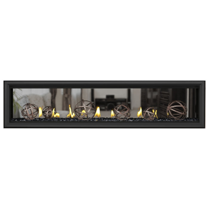 Napoleon Vector 74" See Thru Linear Direct Vent Gas Fireplace with Black Glass Beads and Wrought Iron Globe Kit Face on White Background