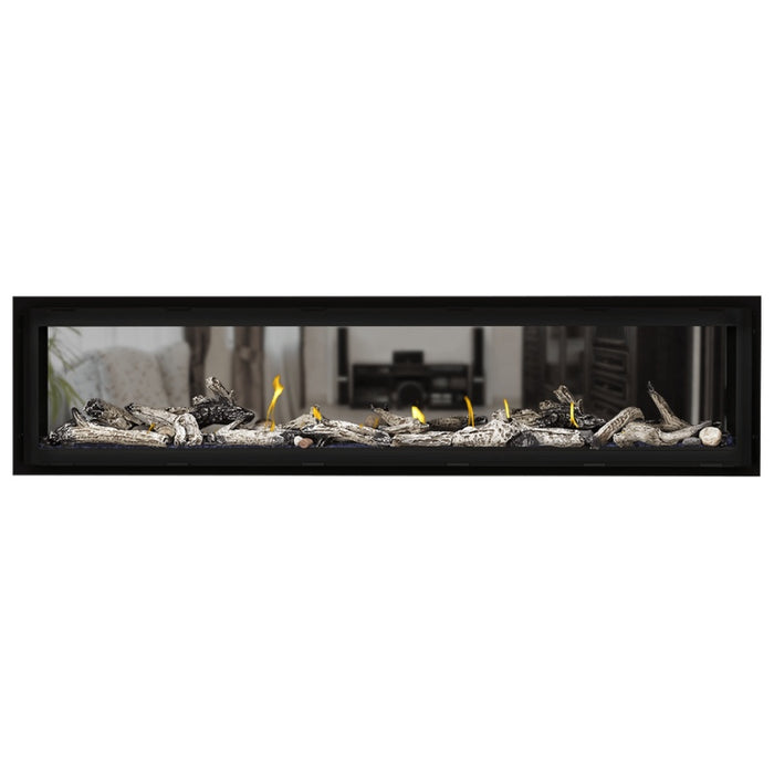 Napoleon Vector 74 See Thru Linear Direct Vent Gas Fireplace with Blue Crushed Glass Embers and Beach Fire Log Kit