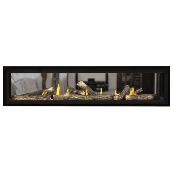 Napoleon Vector 74 See Thru Linear Direct Vent Gas Fireplace with Blue Crushed Glass Embers and High Definition Oak Logs