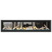 Napoleon Vector 74" See Thru Linear Direct Vent Gas Fireplace with Blue Glass Beads and Birch Log Kit Face on White Background