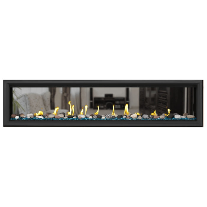 Napoleon Vector 74" See Thru Linear Direct Vent Gas Fireplace with Blue Glass Beads and Mineral Rock Kit Face on White Background