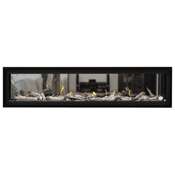 Napoleon Vector 74 See Thru Linear Direct Vent Gas Fireplace with Clear Crushed Glass Embers and Beach Fire Log Kit