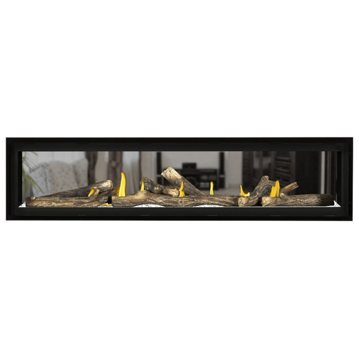Napoleon Vector 74 See Thru Linear Direct Vent Gas Fireplace with Clear Crushed Glass Embers and High Definition Oak Logs