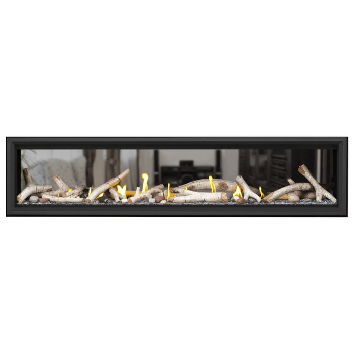 Napoleon Vector 74" See Thru Linear Direct Vent Gas Fireplace with Clear Glass Beads and Birch Log Kit Face on White Background