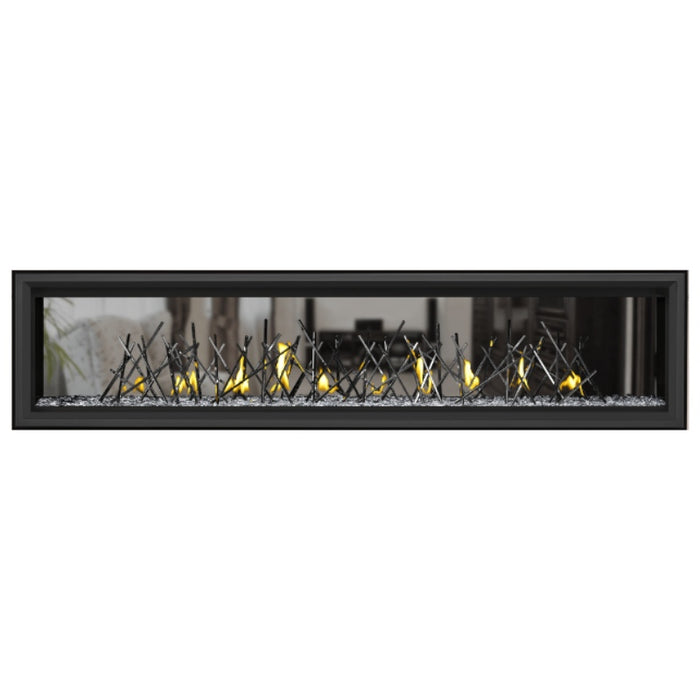 Napoleon Vector 74" See Thru Linear Direct Vent Gas Fireplace with Clear Glass Beads and Nickel Stix Kit Face on White Background