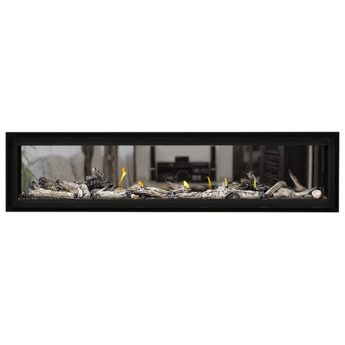 Napoleon Vector 74 See Thru Linear Direct Vent Gas Fireplace with Topaz Crushed Glass Embers and Beach Fire Log Kit