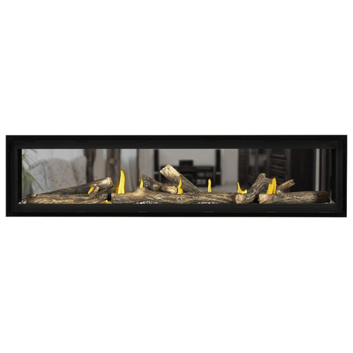 Napoleon Vector 74 See Thru Linear Direct Vent Gas Fireplace with Topaz Crushed Glass Embers and High Definition Oak Logs