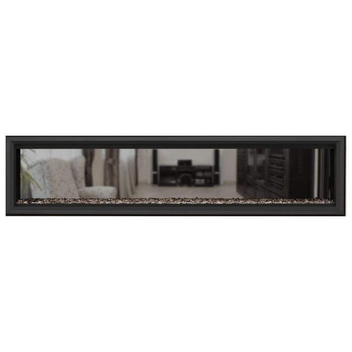 Napoleon Vector 74" See Thru Linear Direct Vent Gas Fireplace with Topaz Glass Beads Face on White Background