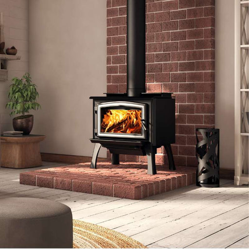Osburn 1700 Wood Stove Close Up Image with Brushed Nickel Overlay Black Straight Legs
