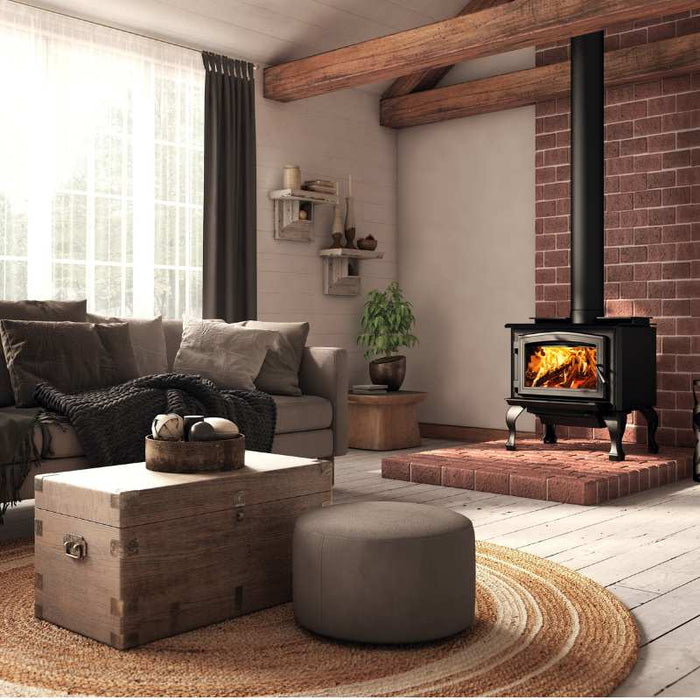 Osburn 1700 Wood Stove with Black Door Overlay and Black Cast Iron Traditional Leg Kit 