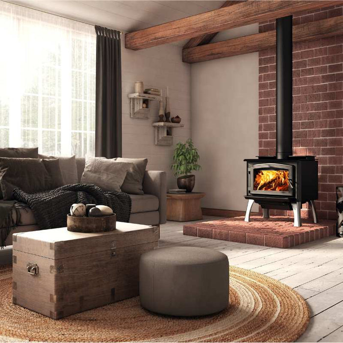 Osburn 1700 Wood Stove with Black Door Overlay and Brushed Nickel Cast Iron Straight Let Kit