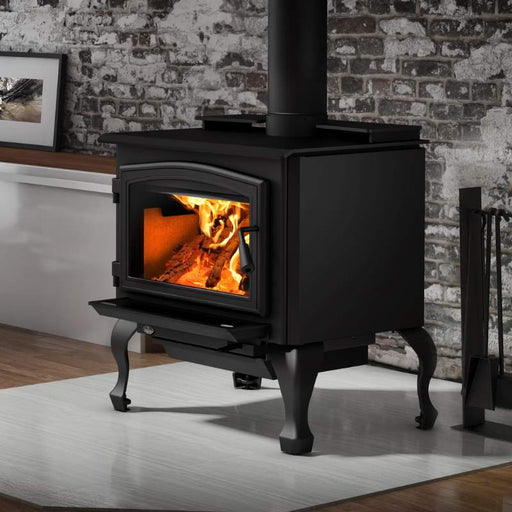 Osburn 2000 Wood Stove with Close-up Image with Blower black door overlay and black cast iron traditional leg with ash drawer